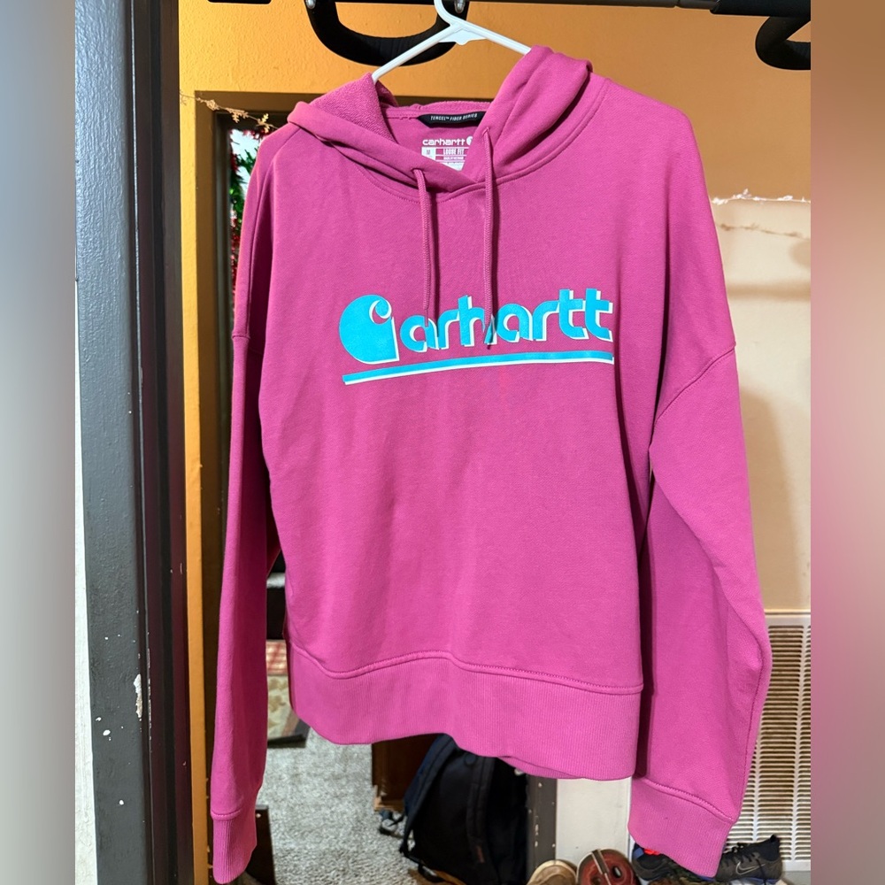 Carhartt Women's Magenta Hoodie with Teal Logo